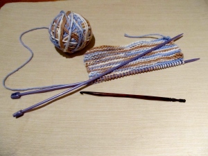 My first knitting project and new crochet hook.